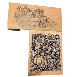 Rubber Woodblock Stamps Fall & Thanksgiving Crafts Sunflowers Wagon & Harvest
